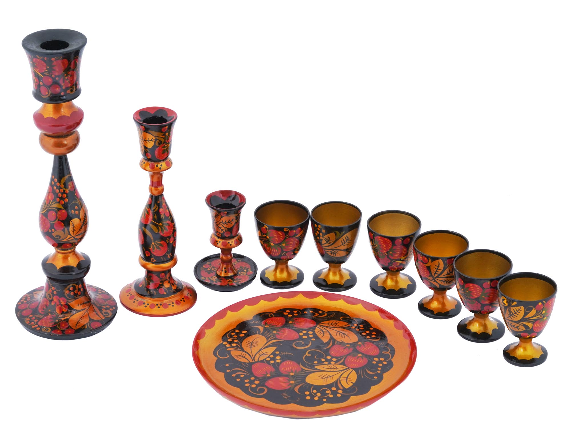 RUSSIAN KHOKHLOMA BAR SET & CANDLESTICKS, 10 PCS PIC-0